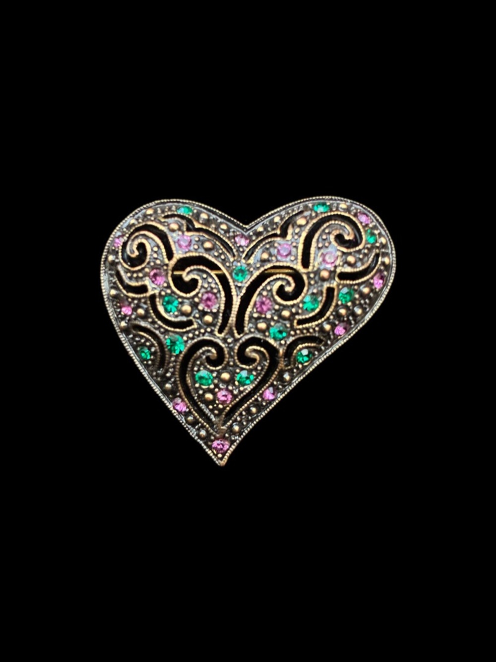 Vintage-1928 EUC Heart Filigree Brooch with Green and Pink Stones